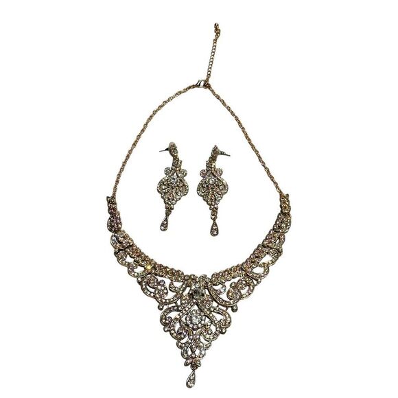 NWT Rose Gold Rhinestone Statement Necklace & Earrings Set - Picture 1 of 16